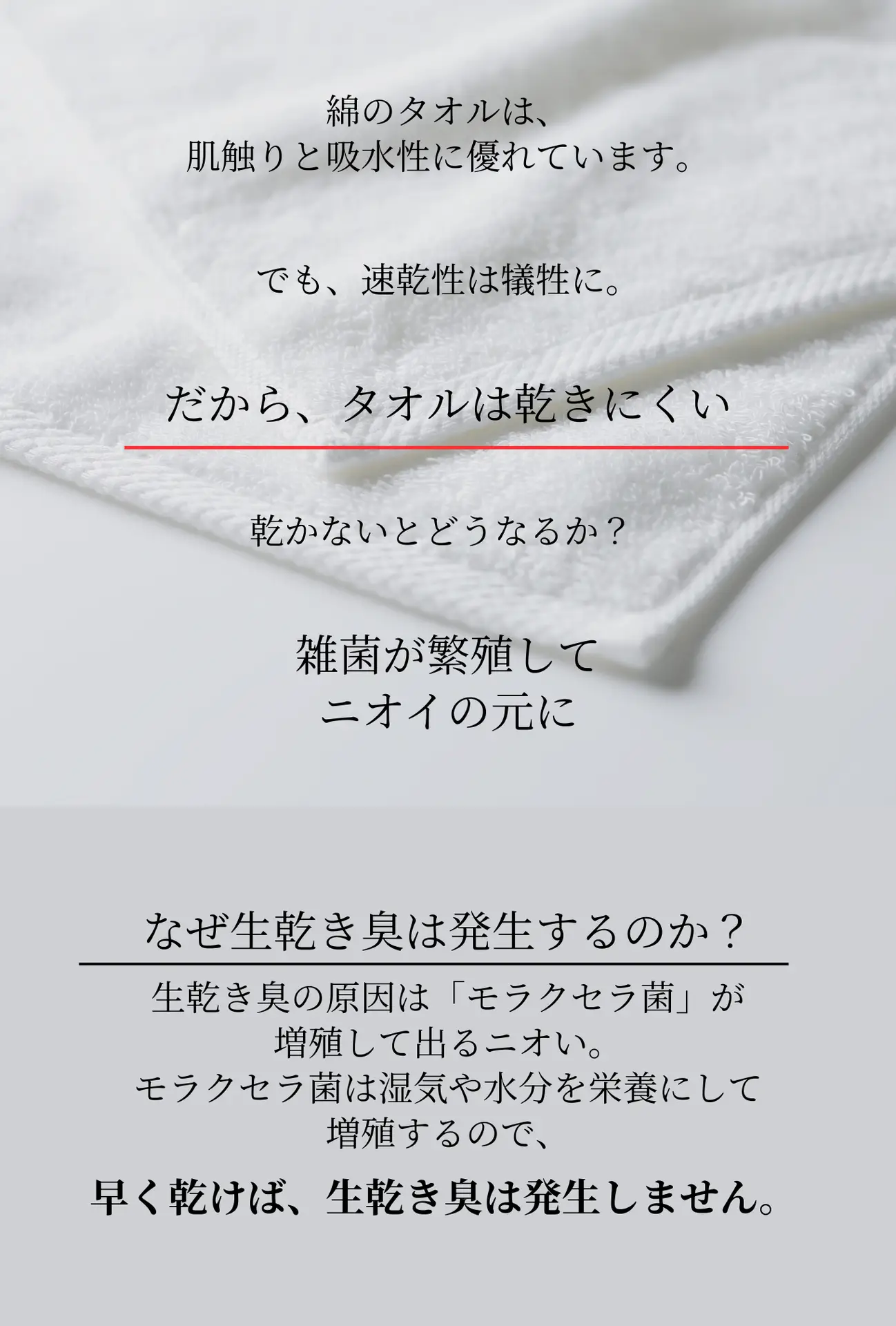白い綿タオルのクローズアップ。綿タオルが速乾性を犠牲にするため雑菌（モラクセラ菌）が繁殖し、生乾き臭の原因となることを解説する図。