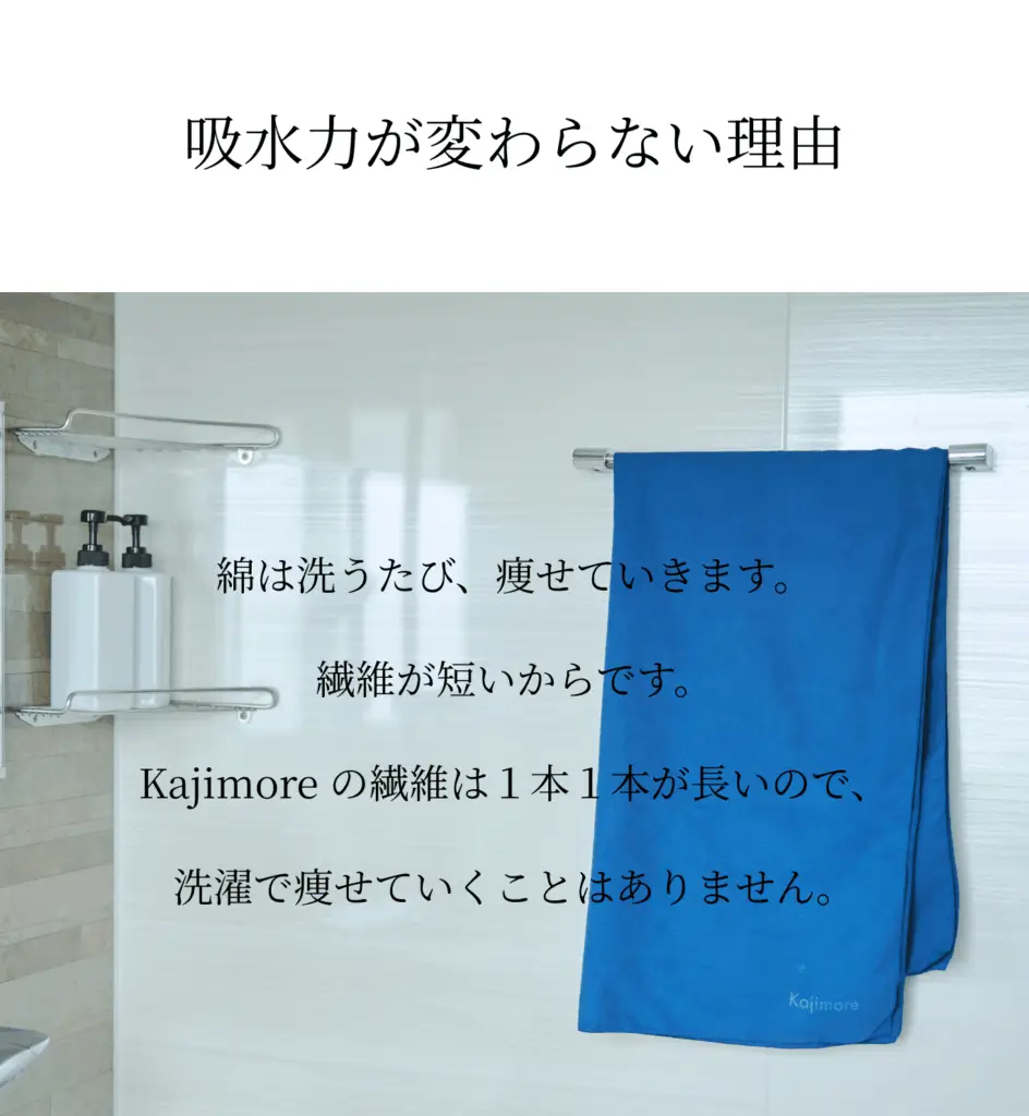 浴室のタオルハンガーにかけられたKajimoreの青いバスタオル。綿タオルが痩せていくのに対し、Kajimoreの繊維は長く吸水力が変わらない理由を解説。
