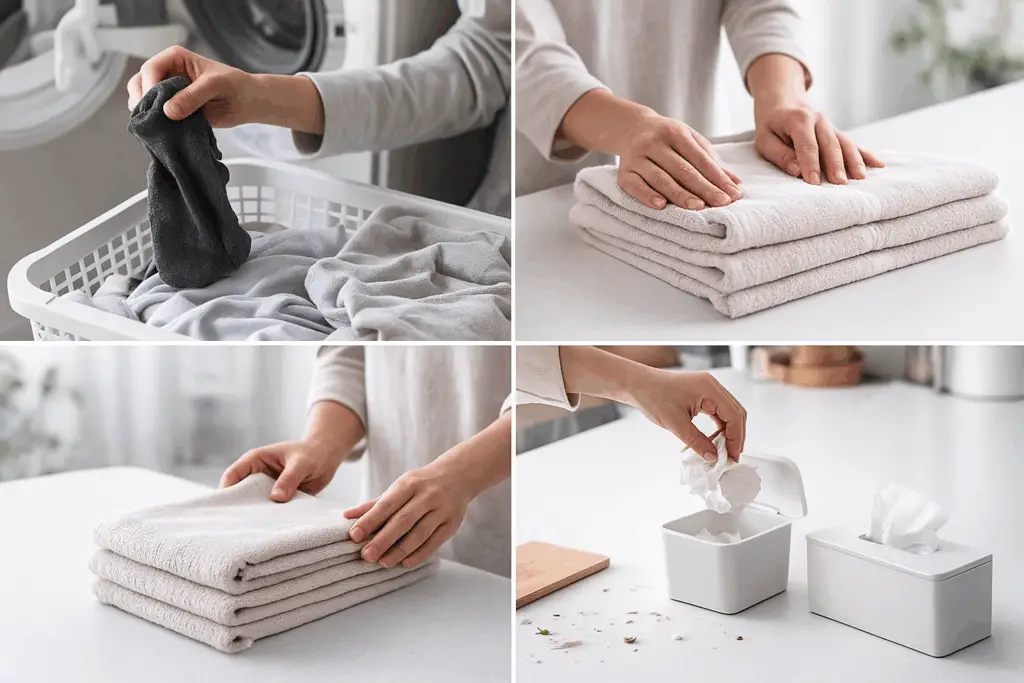 散らかったリビングの小物類。裏返った靴下やリモコンが置きっぱなしになり、名もなき家事の片付け作業を象徴している様子。