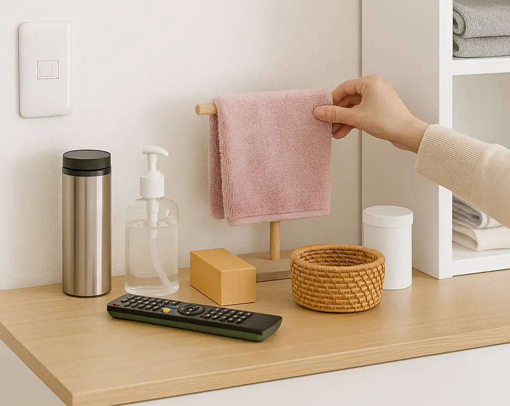 キッチンカウンターや棚の上に置かれた日用品を元に戻す作業の様子。名もなき家事として毎日くり返されるリセット行動を表現。