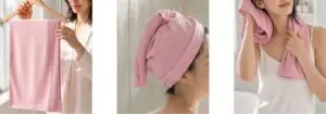 Kajimore（カジモア）スリムバスタオル（ピンク）の使用イメージ（洋服ハンガーに干す・髪を巻くヘアターバン・首にかけて拭く女性モデル）