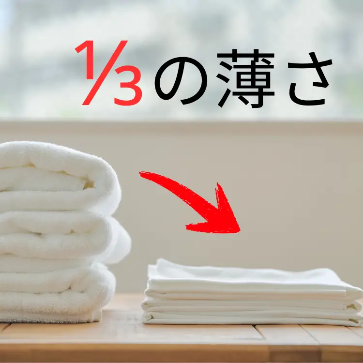 一般的な白い綿タオルとKajimoreタオルのスタック比較。Kajimoreは1/3の薄さでコンパクトに折り畳まれている様子。