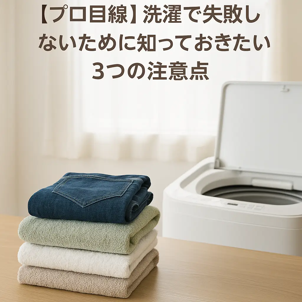 洗濯機の横にデニムとタオルを重ねた洗濯シーン。アパレルのプロが解説する、自宅洗濯で失敗しないための3つの注意点を表したアイキャッチ画像。