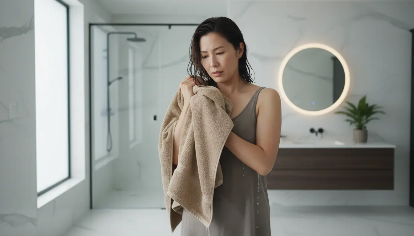お風呂上がりにタオルの吸水性が悪く、肌に水滴が残って困っている女性の様子