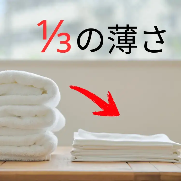 一般的な分厚い綿タオルの山と、わずか3分の1の薄さでコンパクトに収まるKajimoreタオルの比較。